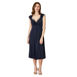 Blumarine Elegant Navy Blue 100% Silk Lace Overlay Baby Doll Midi Dress Size M